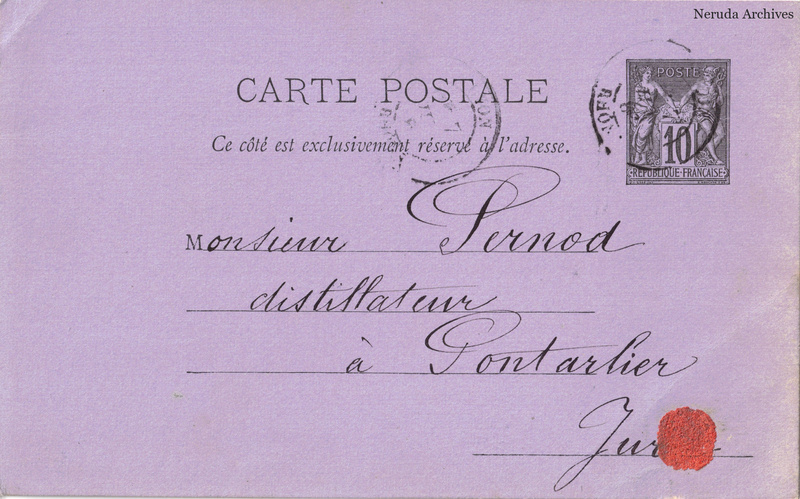 NRA-L-000279 image 1 showing the address side of a postcard sent by Corand & Welsch to Pernod Fils, with contemporary postal and business marks.