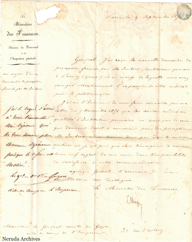 NRA-L-000058 image 2 showing an official French Ministry of Finance letter with handwritten annotations, a signature, a seal remnant and paper loss.