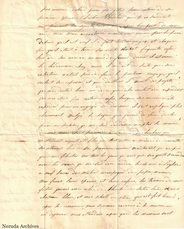 NRA-L-000059 image 3 showing the continuation of the French letter, including an account of a marriage ceremony, with folds and small paper losses.
