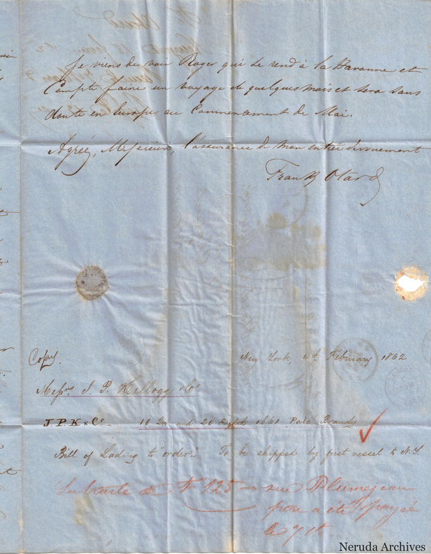 NRA-L-000416 image 4 showing the closing and signature of a handwritten French letter, with sealing remnants and a later billing note.