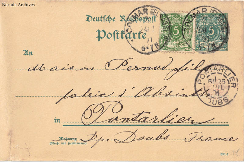NRA-L-000159 image 1 showing the address panel of a German postcard to Pernod Fils in Pontarlier, with two postage stamps and several postmarks.