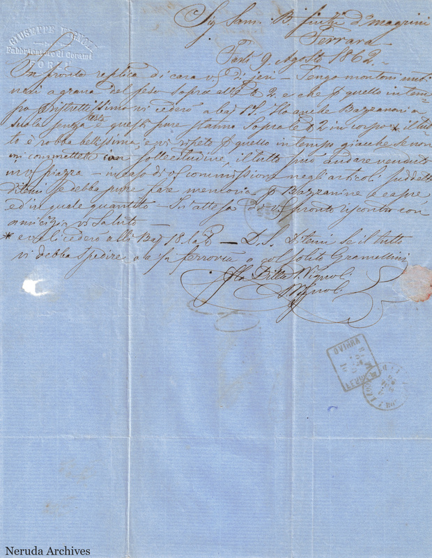 NRA-L-000748 image 2 showing Giuseppe Vignoli firm’s handwritten business letter, dated 1862-08-09, including the starred addition and delegated signature.