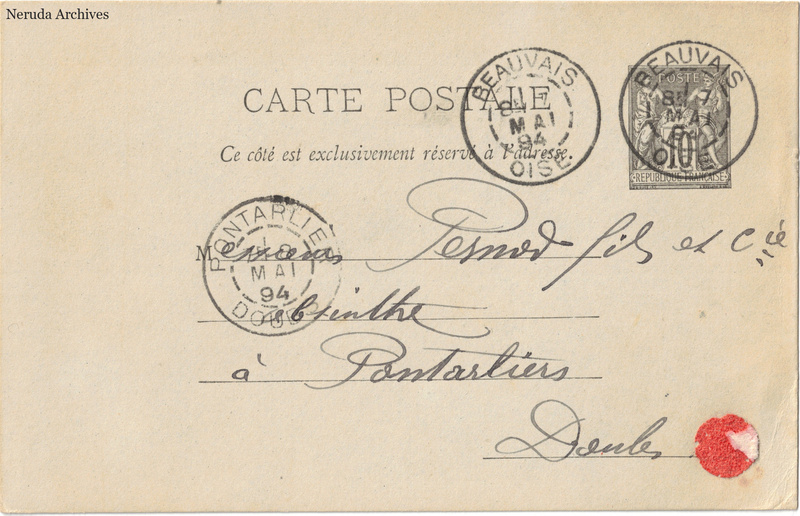 NRA-L-000177 image 1 showing the postcard address panel to Pernod fils in Pontarlier, with postage stamp, postmarks and the sender's business mark.