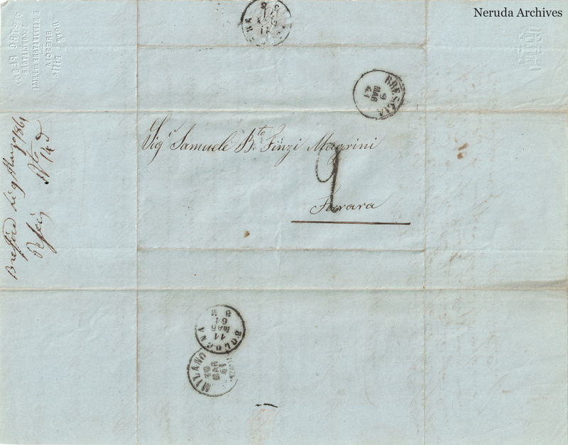 NRA-L-000767 image 1 showing the address to Samuele B.to Finzi Magrini in Ferrara with postal and filing marks.