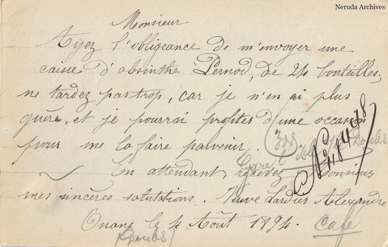 NRA-L-000258 image 2 showing the handwritten message from Widow Lardier Alexandre to Pernod Fils, with contemporary annotations and the sender's signature or business mark.