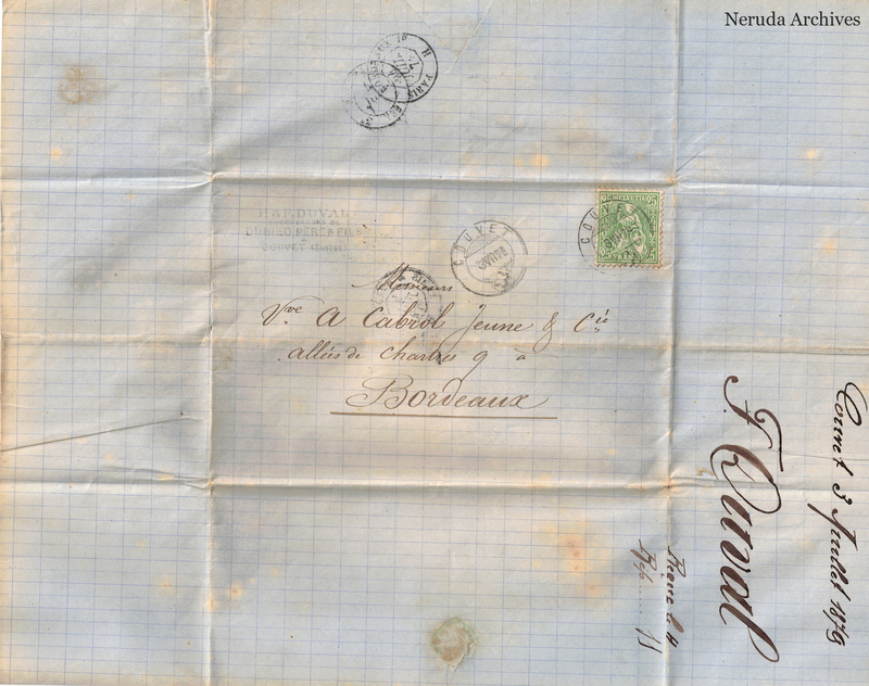 NRA-L-000157 image 1 showing the address panel to the widow A. Cabrol jeune and Company at Bordeaux, with Couvet company mark, postage stamp, circular postmarks, large manuscript docketing and fold lines.
