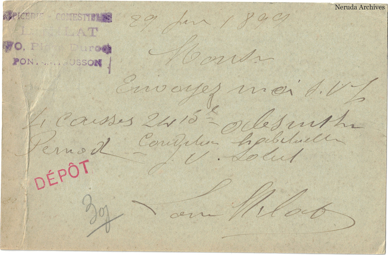 NRA-L-000240 image 2 showing the handwritten message from Widow Milat, Épicerie-Comestibles L. Milat to Pernod Fils, with contemporary annotations and the sender's signature or business mark.