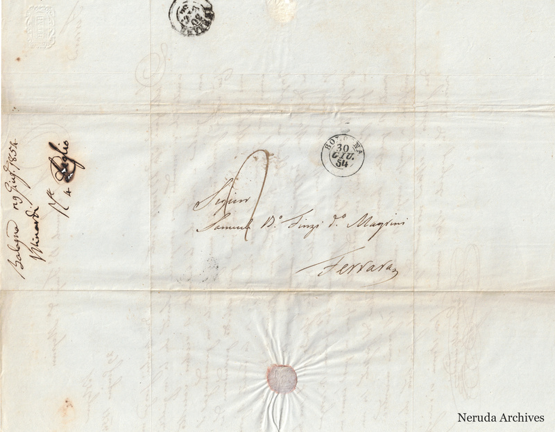 NRA-L-000736 image 1 showing the folded delivery address to Samuele B.o Finzi D.o Magrini in Ferrara, postal marks and a handwritten filing docket.