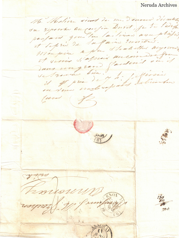NRA-L-000528 image 1 showing a folded French letter combining manuscript text, its address panel, postal marks, seals, folds and retained annotations.