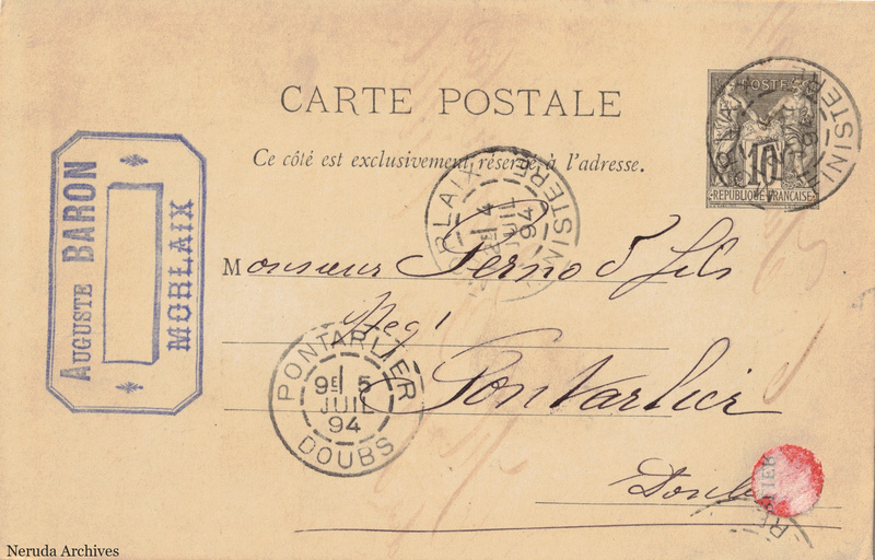 NRA-L-000331 image 1 showing the address side of a postcard sent by Auguste Baron to Pernod Fils, with contemporary postal and business marks.