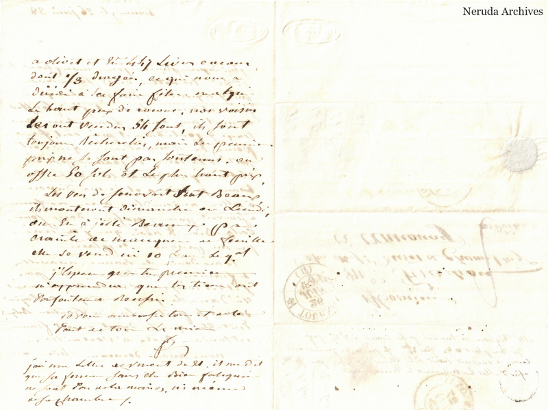 NRA-L-000478 image 2 showing the continuation and closing of a French family letter with a signature, folds, faint reverse writing and a grey seal remnant.