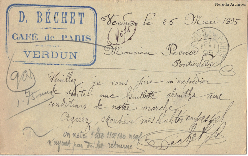 NRA-L-000301 image 2 showing the handwritten message from D. Béchet to Pernod Fils, with contemporary annotations and the sender's signature or business mark.