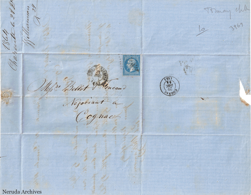NRA-L-000446 image 1 showing the folded manuscript address panel on blue paper, with the written delivery address, postal markings and closure evidence.
