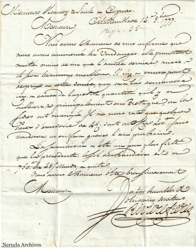 NRA-L-000391 image 2 showing handwritten French letter text dated 12 December 1777, discussing sales and quantities, with a prominent closing signature.