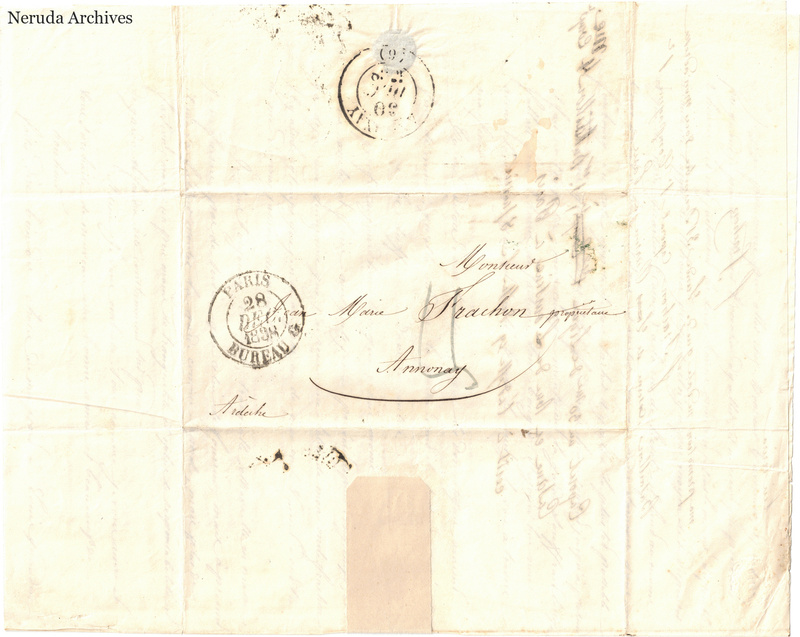 NRA-L-000608 image 1 showing a folded address panel to a Frachon correspondent at Annonay, with handwritten delivery address, postal marks, sealing evidence, folds and retained annotations.