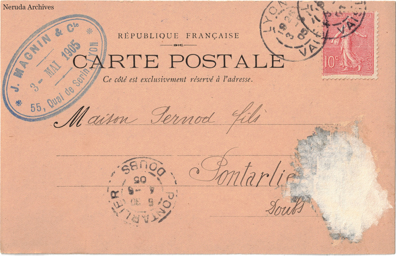 NRA-L-000223 image 1 showing the address side of a postcard sent by J. Magnin & Cie to Pernod Fils, with contemporary postal and business marks.