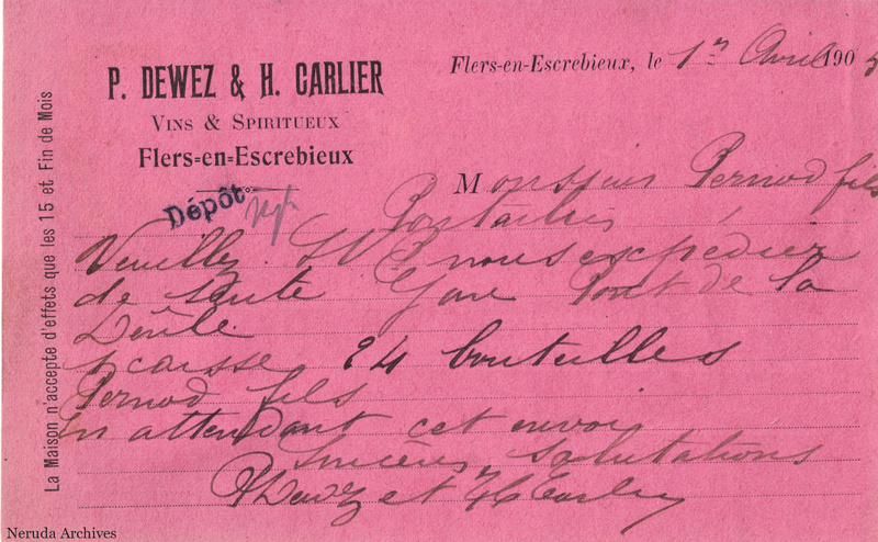 NRA-L-000284 image 2 showing the handwritten message from P. Dewez & H. Carlier to Pernod Fils, with contemporary annotations and the sender's signature or business mark.