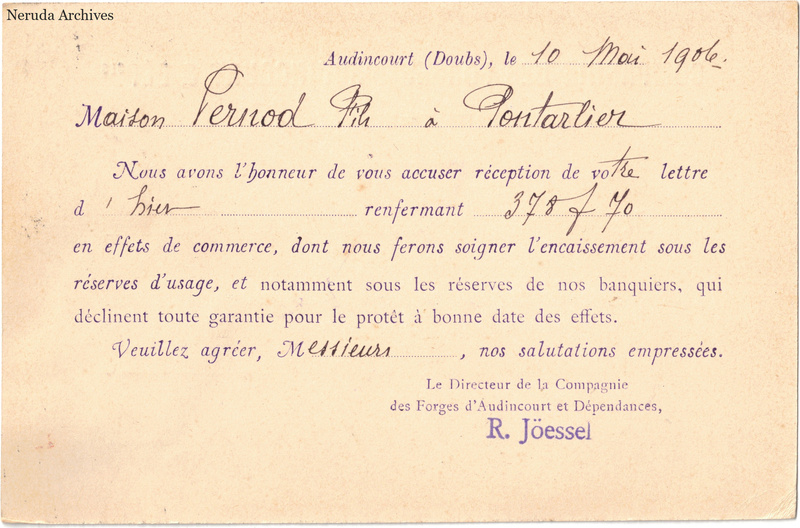 NRA-L-000224 image 2 showing the handwritten message from Compagnie des Forges d'Audincourt et Dépendances to Pernod Fils, with contemporary annotations and the sender's signature or business mark.