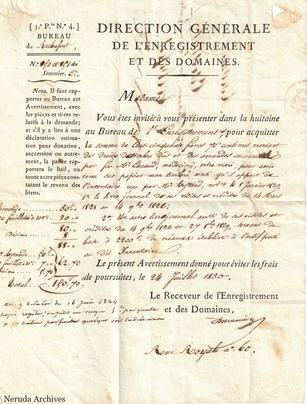 NRA-L-000423 image 2 showing a printed French registration and estates notice completed with manuscript entries, calculations and signatures.