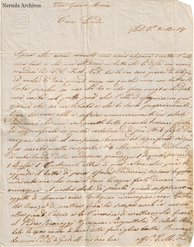 NRA-L-000632 image 2 showing a handwritten Italian letter to Linda, with manuscript heading, full text, closing, signature, folds and complete surviving paper edges.