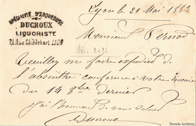 NRA-L-000272 image 2 showing the handwritten message from Ducroux, liquoriste to Pernod Fils, with contemporary annotations and the sender's signature or business mark.