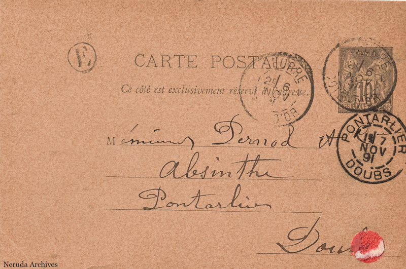 NRA-L-000330 image 1 showing the address side of a postcard sent by Bouchard Café to Pernod et Cie, with contemporary postal and business marks.