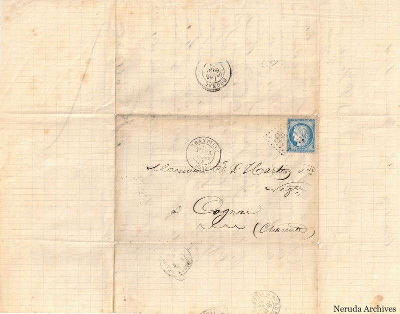 NRA-L-000323 image 1 showing the folded address panel of a French letter sent to Cognac, with a blue postage stamp and circular postmarks.