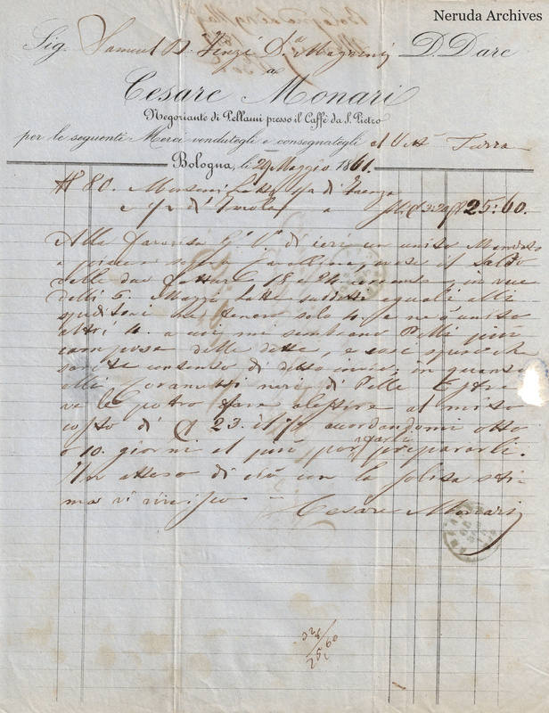 NRA-L-000764 image 2 showing Cesare Monari's letter dated 1861-05-29 from Bologna, with signature and invoice figures.