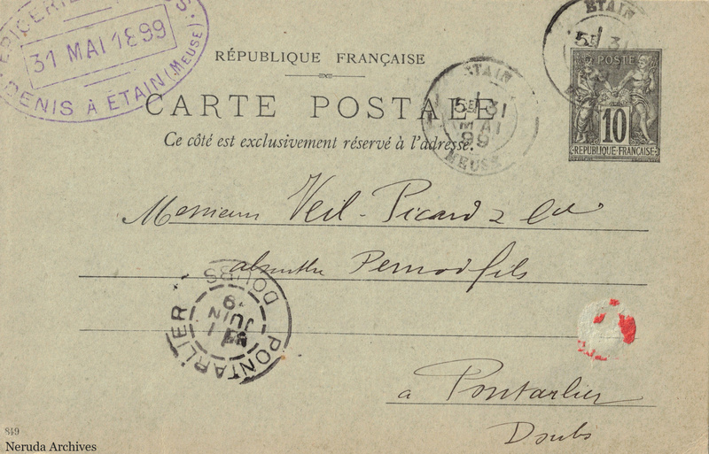 NRA-L-000298 image 1 showing the address side of a postcard sent by J. Denis to Veil-Picard & Cie, Maison Pernod Fils, with contemporary postal and business marks.