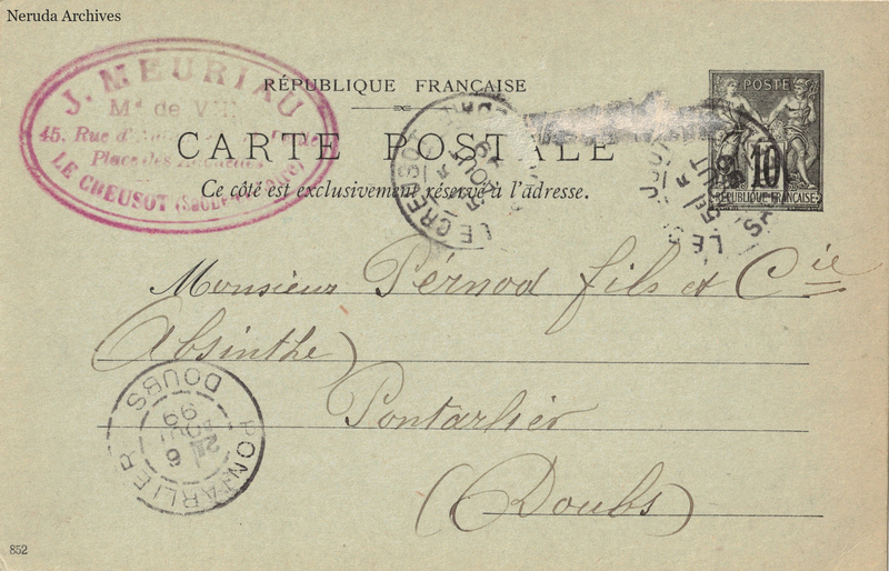 NRA-L-000232 image 1 showing the address side of a postcard sent by J. Meuriau to Pernod Fils & Cie, with contemporary postal and business marks.
