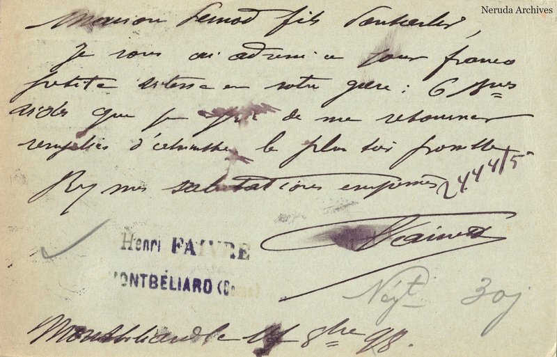 NRA-L-000257 image 2 showing the handwritten message from Henri Faivre to Pernod Fils, with contemporary annotations and the sender's signature or business mark.