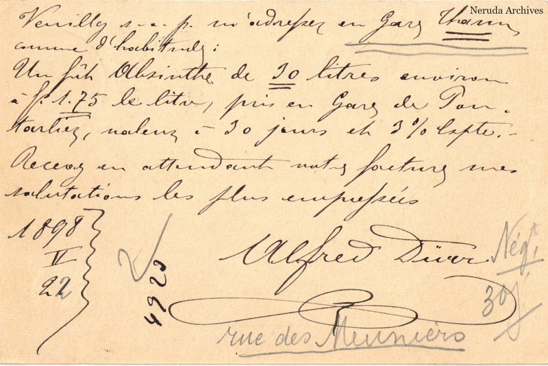NRA-L-000161 image 2 showing a French order message signed Alfred Dürr, with a large signature and later pencil calculations.