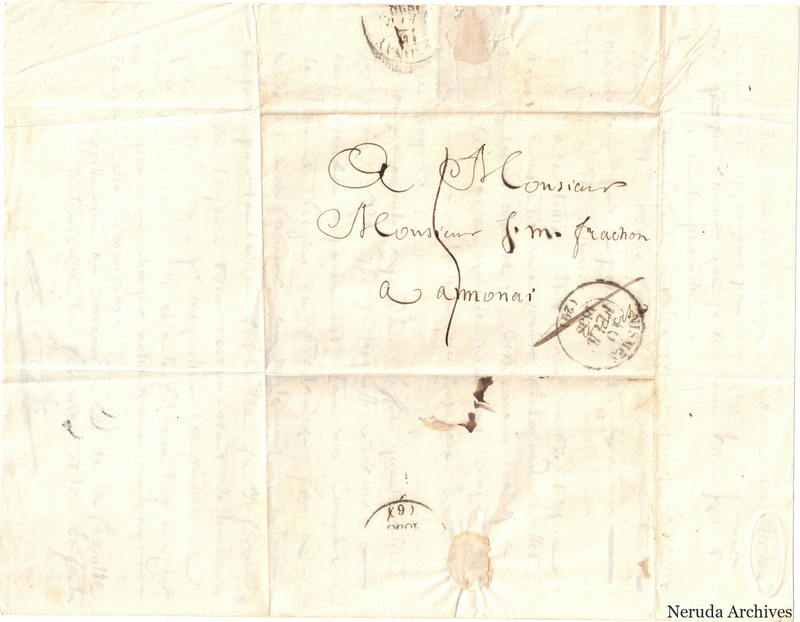 NRA-L-000611 image 1 showing a folded address panel to a Frachon correspondent at Annonay, with handwritten delivery address, postal marks, sealing evidence, folds and retained annotations.