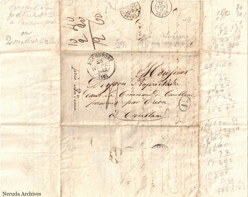 NRA-L-000410 image 1 showing the folded address panel to Monsieur Deyson at Camblanes, with Rochefort, Bordeaux and Créon datestamps, a manuscript postal charge and later calculations.