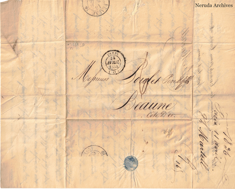 NRA-L-000400 image 1 showing the folded address panel to a recipient in Beaune, with postal marks, a dark sealing remnant and manuscript docketing.