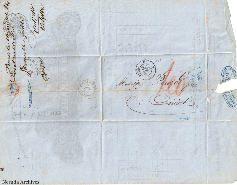 NRA-L-000121 image 1 showing the folded address panel to Pernod fils in Couvet with a postage stamp, multiple postal and forwarding marks, receiver notes, seal evidence and a loss at the right edge.