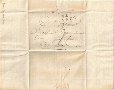 NRA-L-000013 image 1 showing the address panel, postal marks and exterior annotations for Flavie Duval's letter to Monsieur Noguès Jeune, avoué, in Redon.