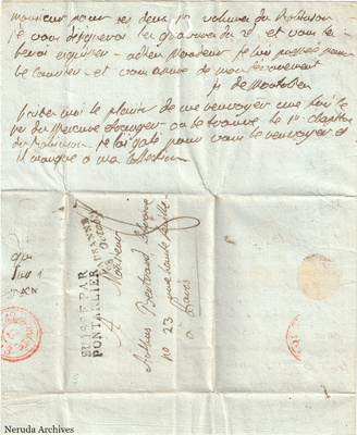 NRA-L-000589 image 1 showing the folded address panel to Paris with circular postal marks and the final manuscript lines written above the address.