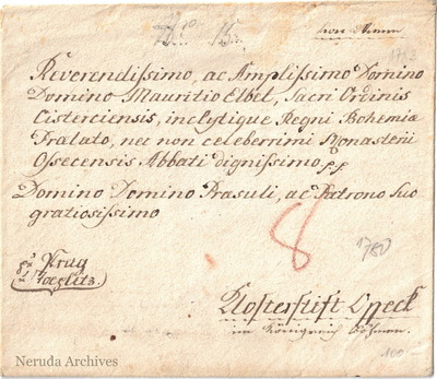 NRA-L-000037 image 1 showing Latin address to Mauritius Elbel, Abbot of Osek, with routing and exterior annotations.