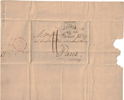 NRA-L-000026 image 1 showing the Paris address panel, Prusse par Givet routing mark and November 1819 arrival mark.