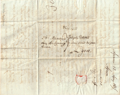 NRA-L-000032 image 1 showing address to Joseph Daret in Lyon, with exterior docketing and Macon postal evidence.