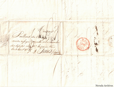 NRA-L-000326 image 1 showing a folded French address panel to Monsieur Paillard in Paris, with a red circular postal mark and manuscript docketing.