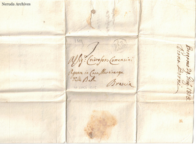 NRA-L-000325 image 1 showing the folded address panel of an Italian letter to Signor Cristoforo Comensini in Brescia, with dated docketing along the right edge.